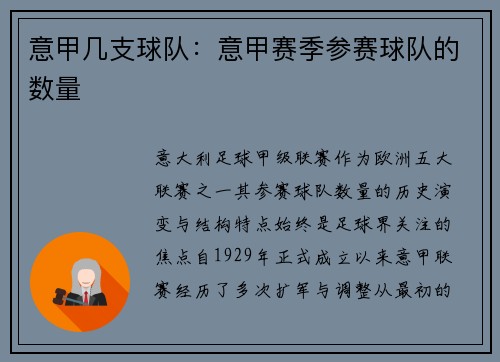 意甲几支球队：意甲赛季参赛球队的数量