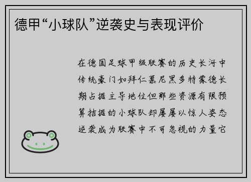 德甲“小球队”逆袭史与表现评价