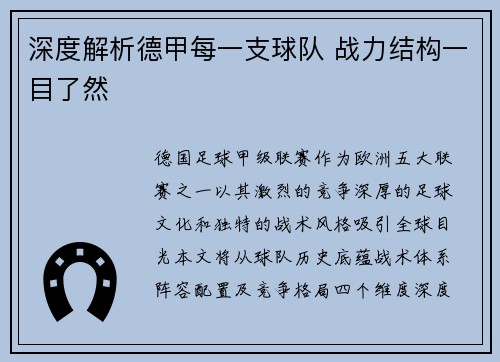 深度解析德甲每一支球队 战力结构一目了然